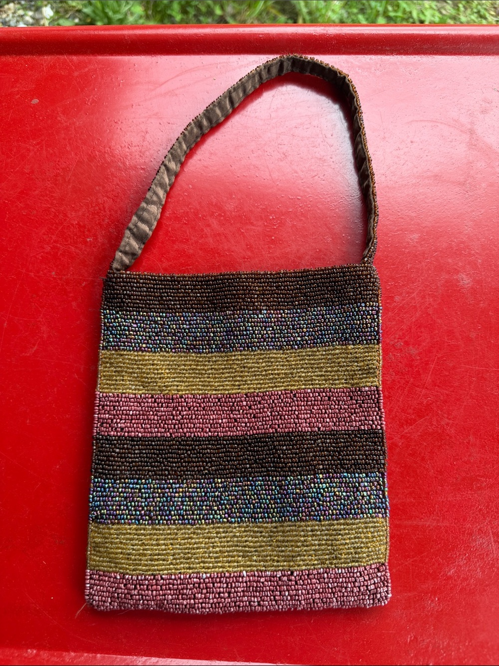 Vintage Unknown name Beaded Mini Bag in Brown, Pink & Gold